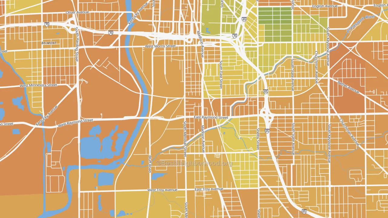 Map of the best neighborhoods in the 46225 area, with better matches in green and worse matches in red