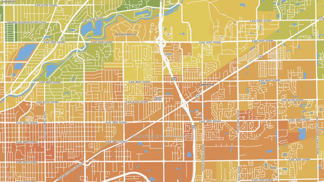 Map of the best neighborhoods in the 46226 area, with better matches in green and worse matches in red