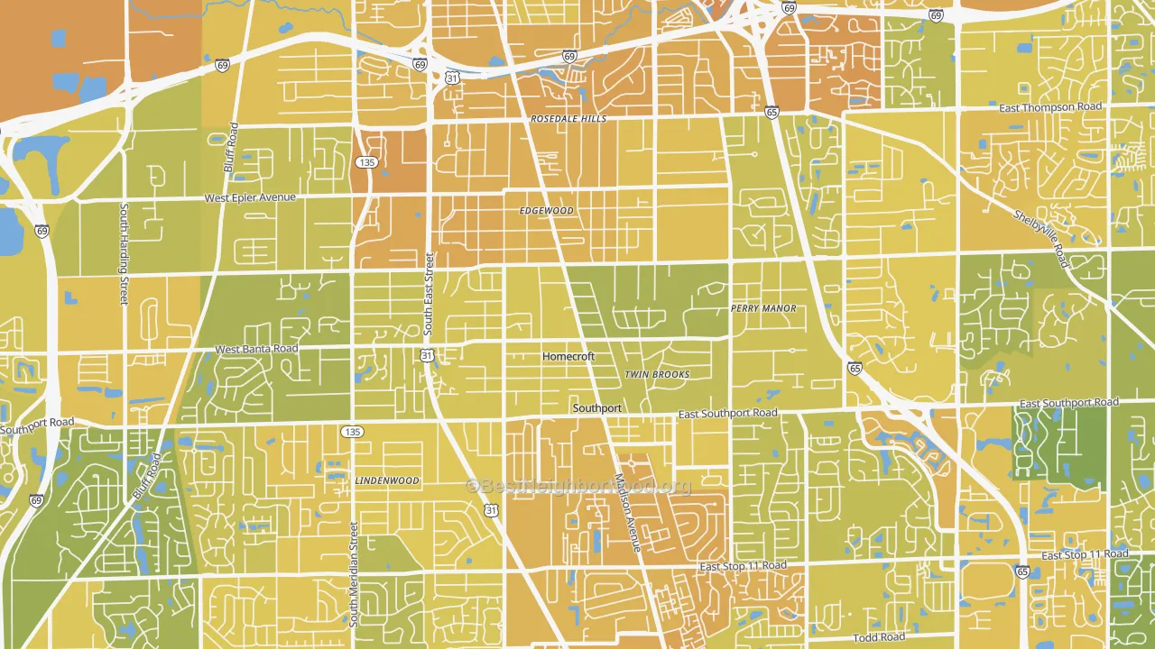 Map of the best neighborhoods in the 46227 area, with better matches in green and worse matches in red