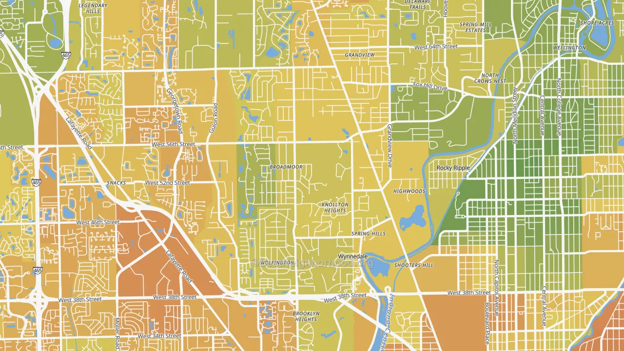 Map of the best neighborhoods in the 46228 area, with better matches in green and worse matches in red