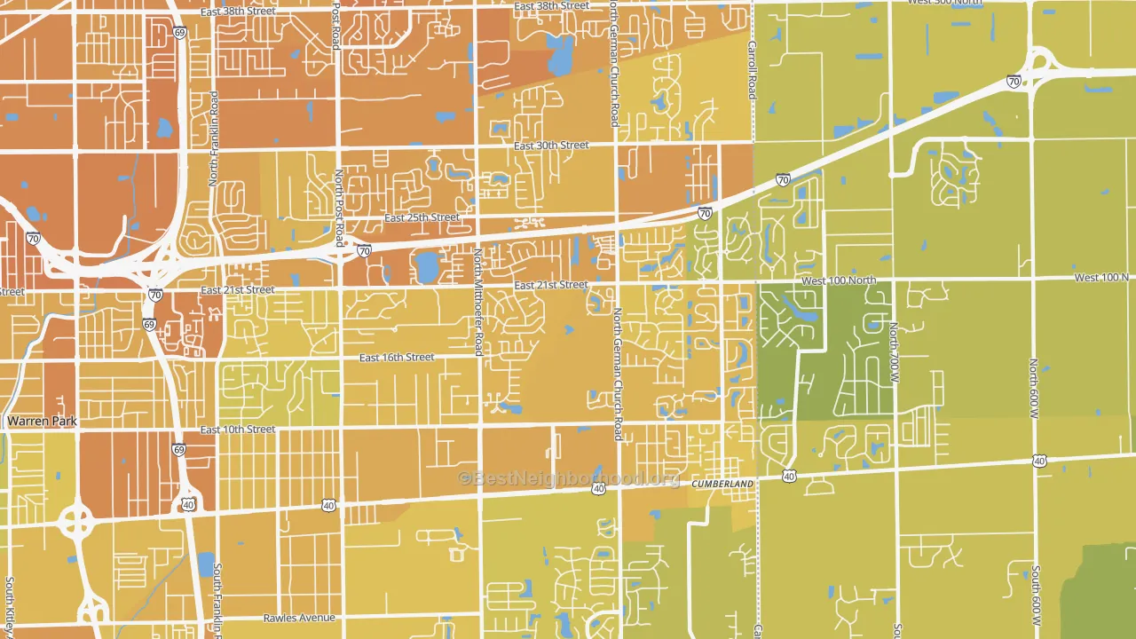 Map of the best neighborhoods in the 46229 area, with better matches in green and worse matches in red