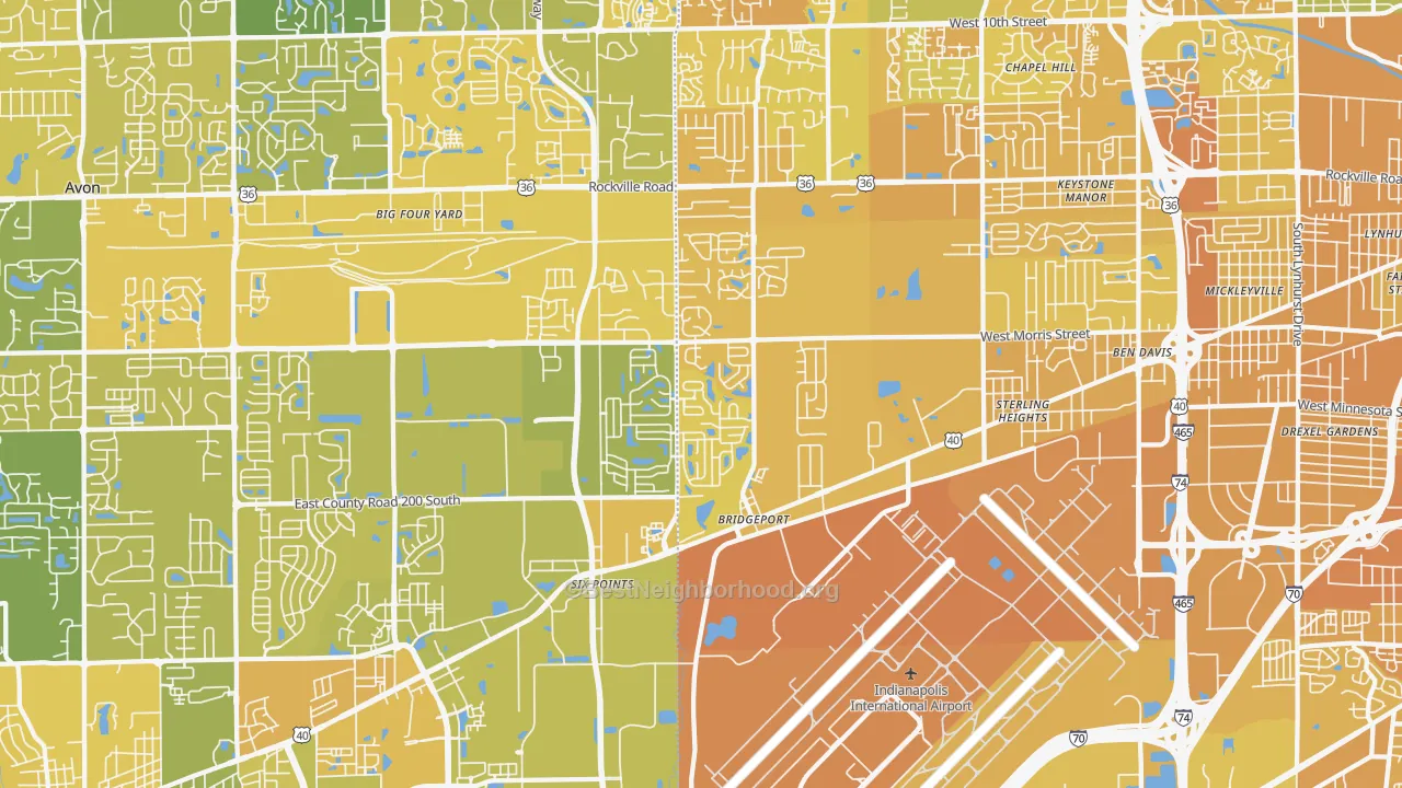 Map of the best neighborhoods in the 46231 area, with better matches in green and worse matches in red