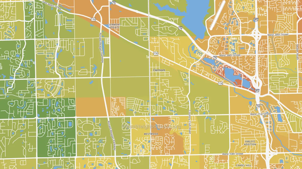 Map of the best neighborhoods in the 46234 area, with better matches in green and worse matches in red