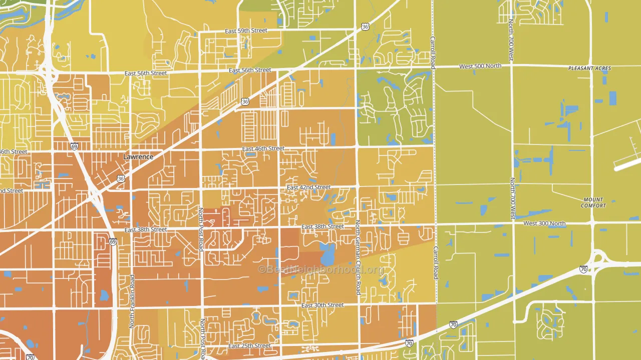 Map of the best neighborhoods in the 46235 area, with better matches in green and worse matches in red