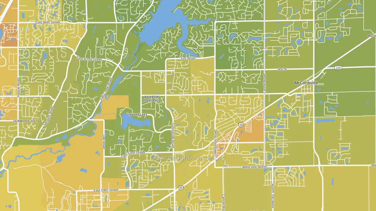 Map of the best neighborhoods in the 46236 area, with better matches in green and worse matches in red