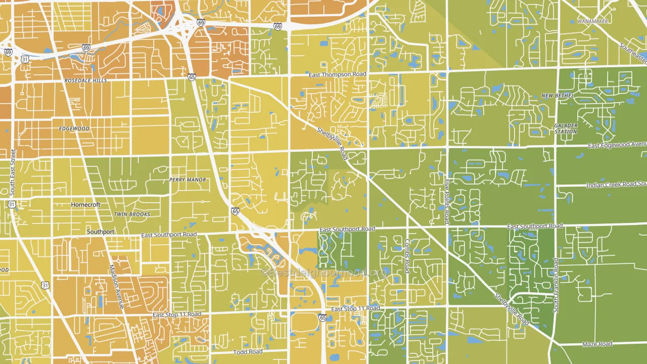 Map of the best neighborhoods in the 46237 area, with better matches in green and worse matches in red