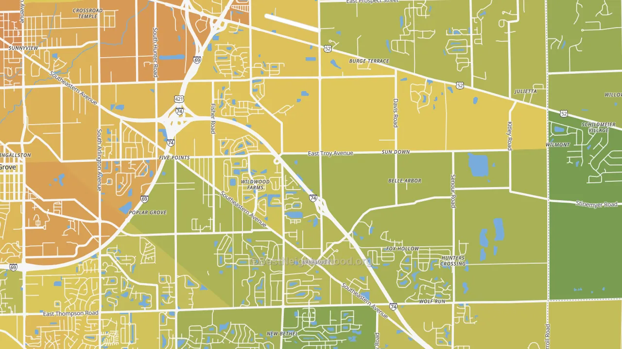 Map of the best neighborhoods in the 46239 area, with better matches in green and worse matches in red