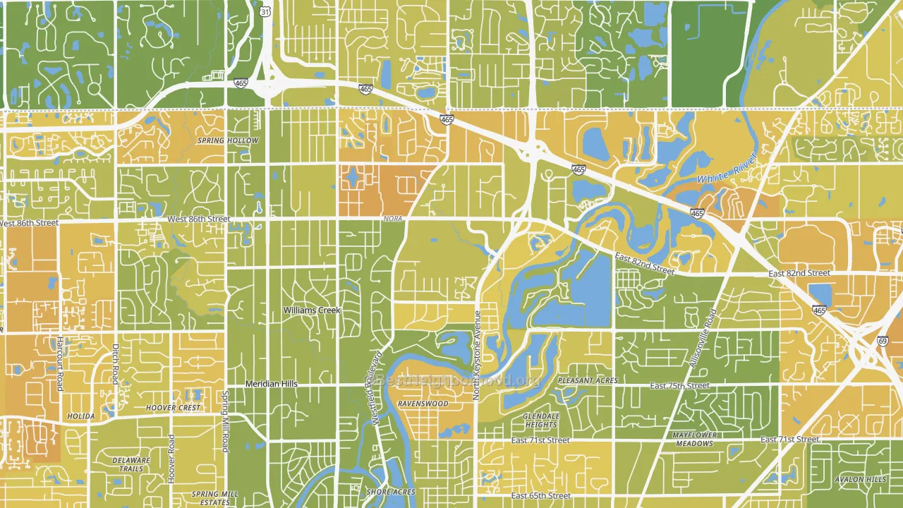 Map of the best neighborhoods in the 46240 area, with better matches in green and worse matches in red