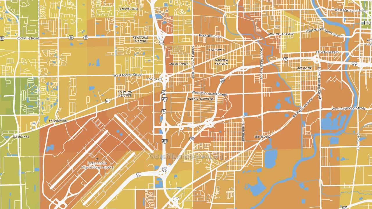 Map of the best neighborhoods in the 46241 area, with better matches in green and worse matches in red