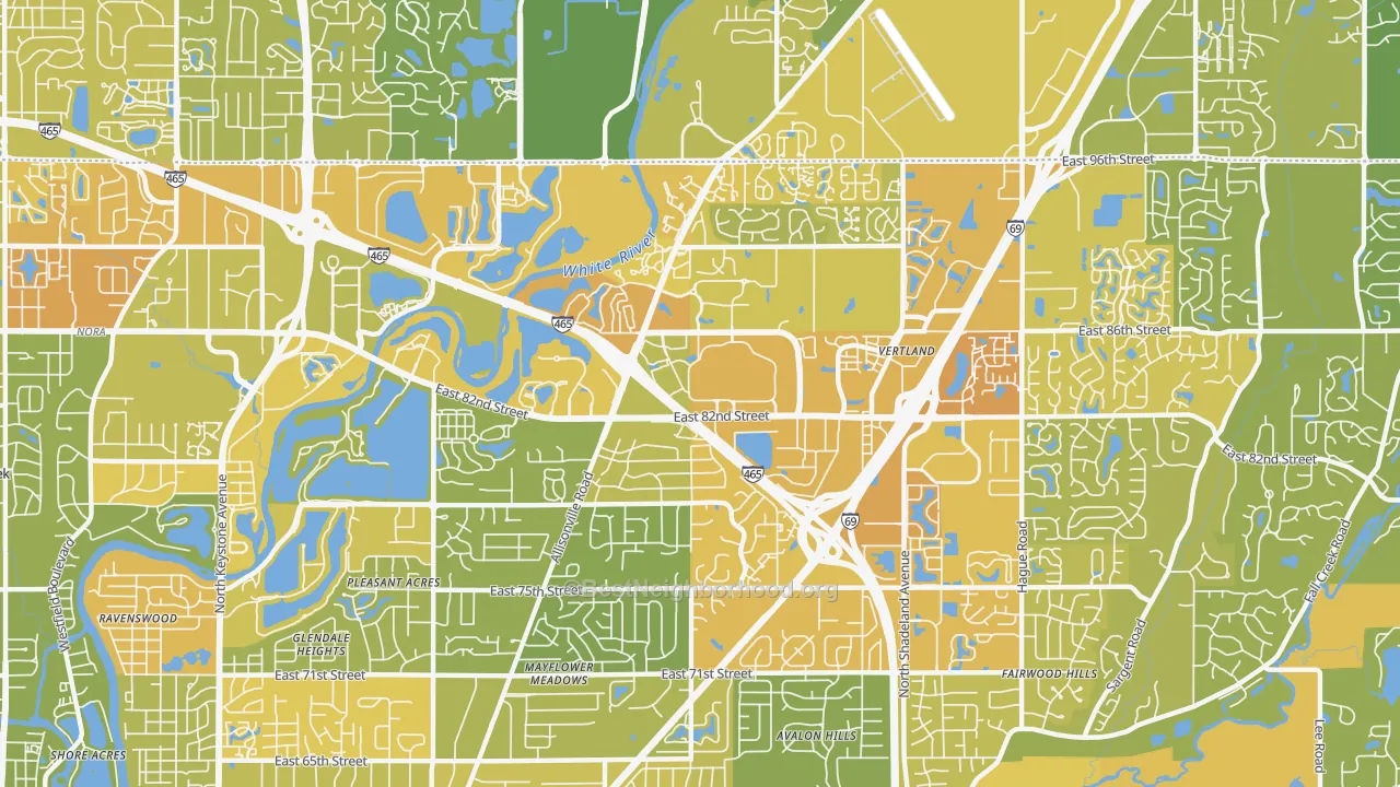 Map of the best neighborhoods in the 46250 area, with better matches in green and worse matches in red