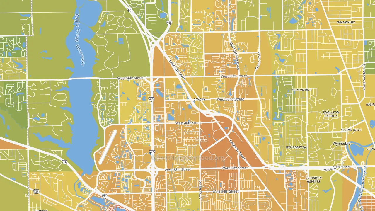 Map of the best neighborhoods in the 46254 area, with better matches in green and worse matches in red