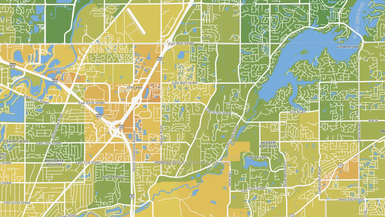 Map of the best neighborhoods in the 46256 area, with better matches in green and worse matches in red