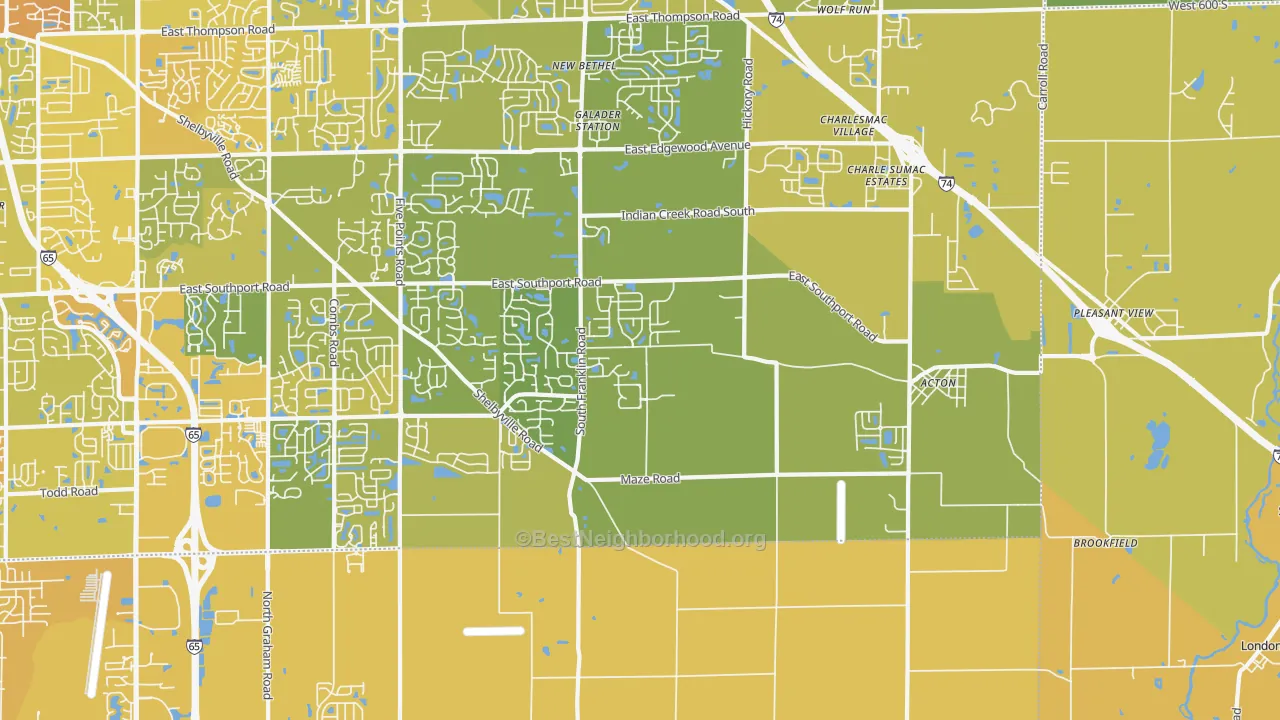 Map of the best neighborhoods in the 46259 area, with better matches in green and worse matches in red