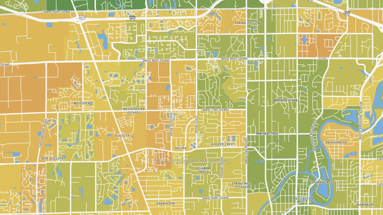 Map of the best neighborhoods in the 46260 area, with better matches in green and worse matches in red