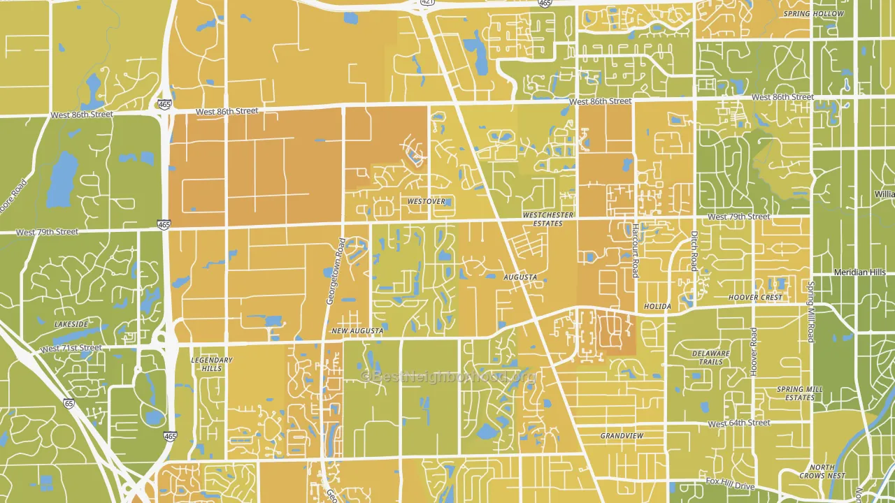 Map of the best neighborhoods in the 46268 area, with better matches in green and worse matches in red