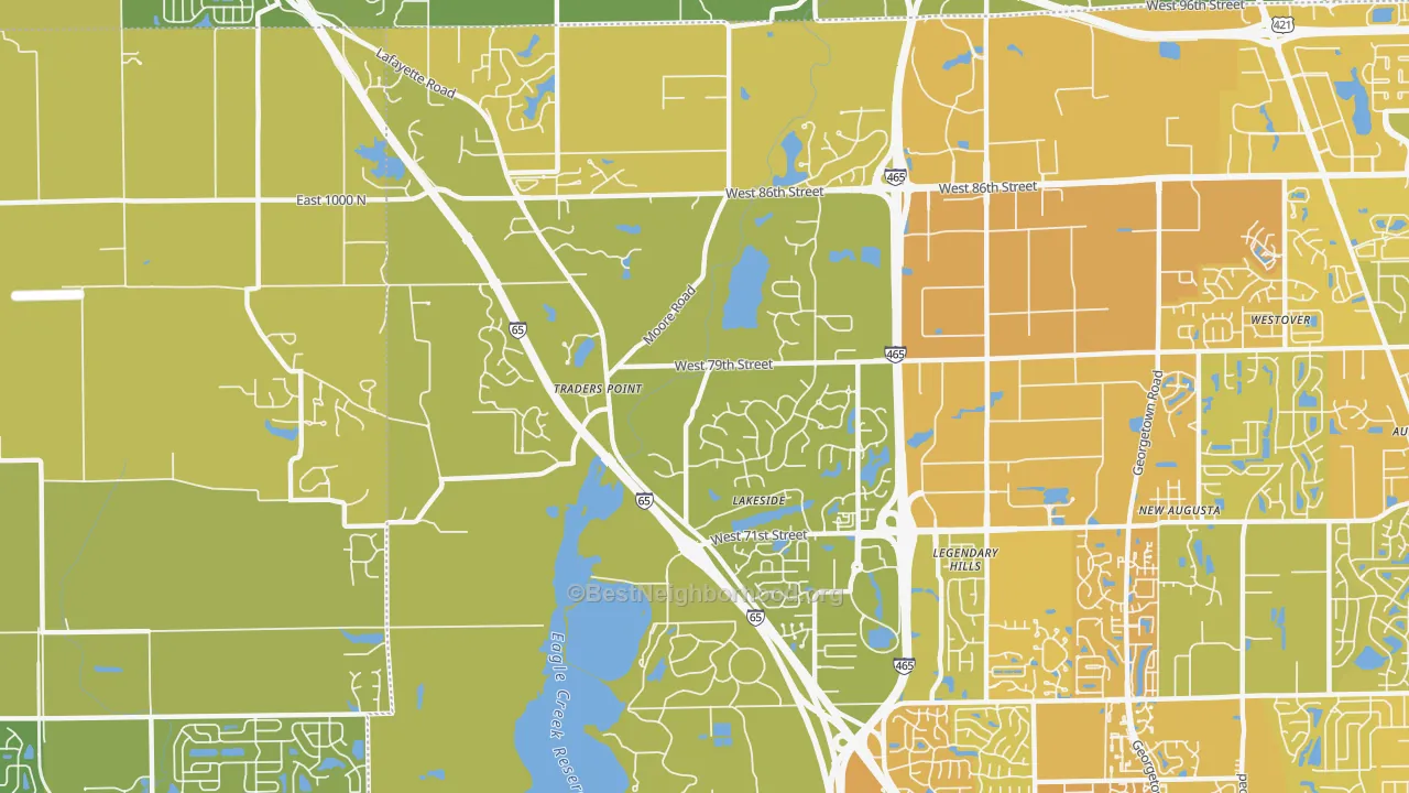 Map of the best neighborhoods in the 46278 area, with better matches in green and worse matches in red