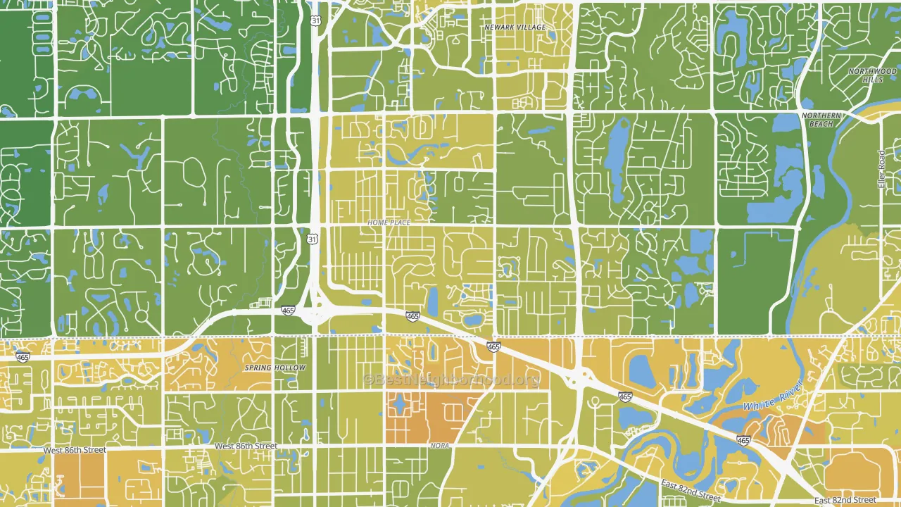 Map of the best neighborhoods in the 46280 area, with better matches in green and worse matches in red