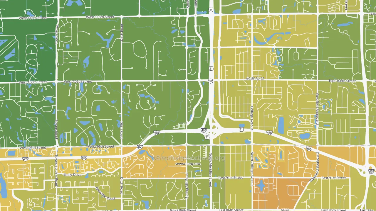 Map of the best neighborhoods in the 46290 area, with better matches in green and worse matches in red