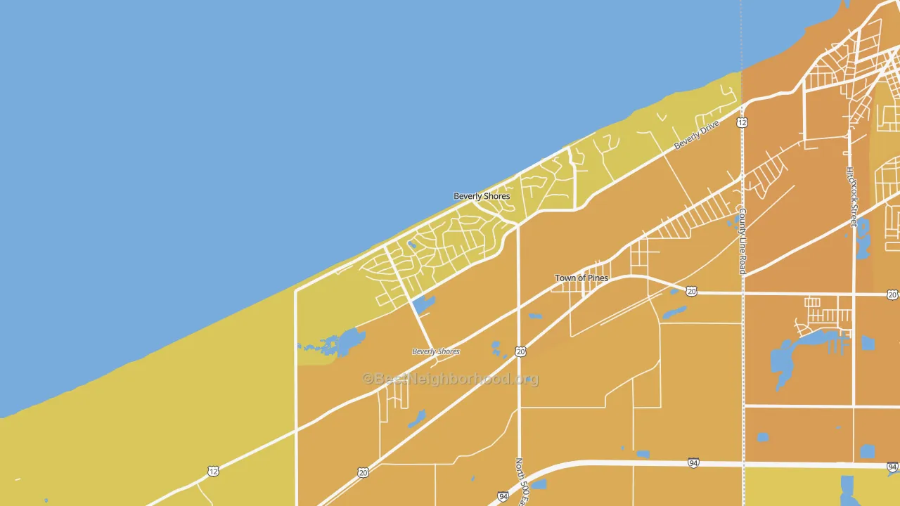 Map of the best neighborhoods in the 46301 area, with better matches in green and worse matches in red