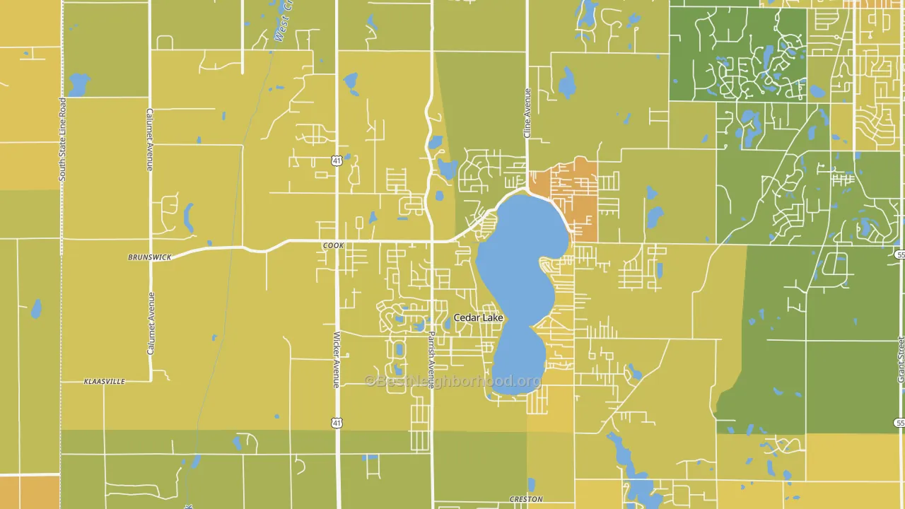 Map of the best neighborhoods in the 46303 area, with better matches in green and worse matches in red