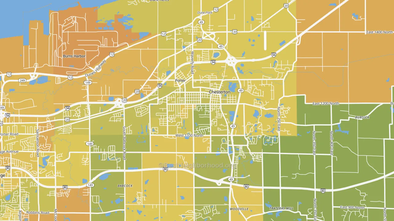Map of the best neighborhoods in the 46304 area, with better matches in green and worse matches in red