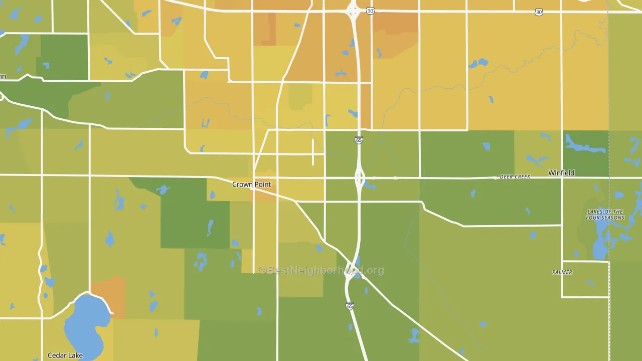 Map of the best neighborhoods in the 46307 area, with better matches in green and worse matches in red