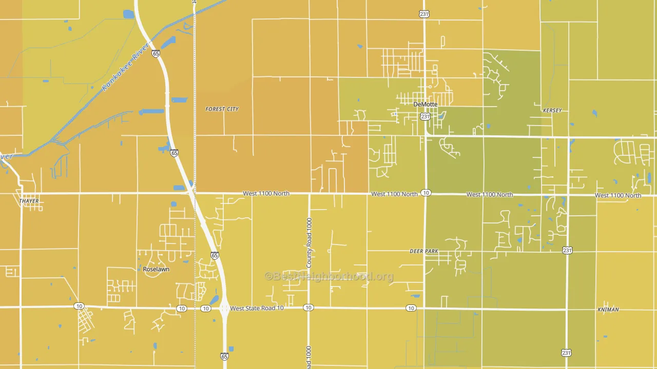 Map of the best neighborhoods in the 46310 area, with better matches in green and worse matches in red