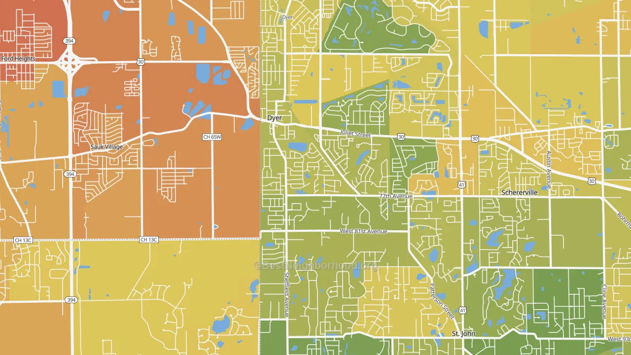 Map of the best neighborhoods in the 46311 area, with better matches in green and worse matches in red