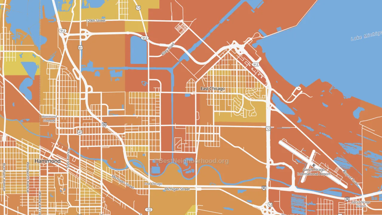 Map of the best neighborhoods in the 46312 area, with better matches in green and worse matches in red