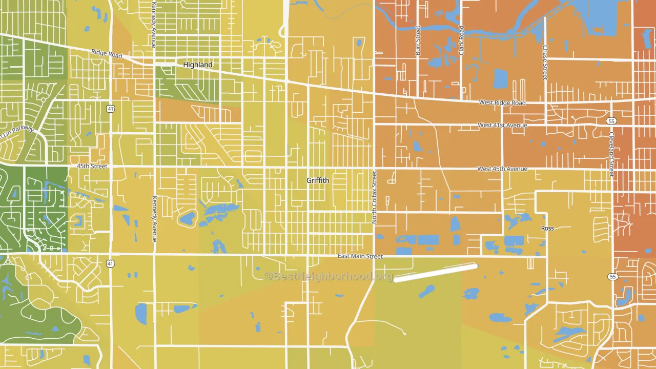 Map of the best neighborhoods in the 46319 area, with better matches in green and worse matches in red