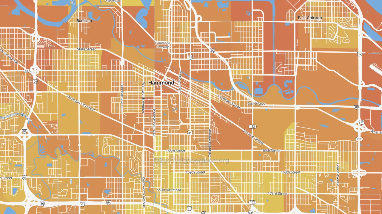 Map of the best neighborhoods in the 46320 area, with better matches in green and worse matches in red