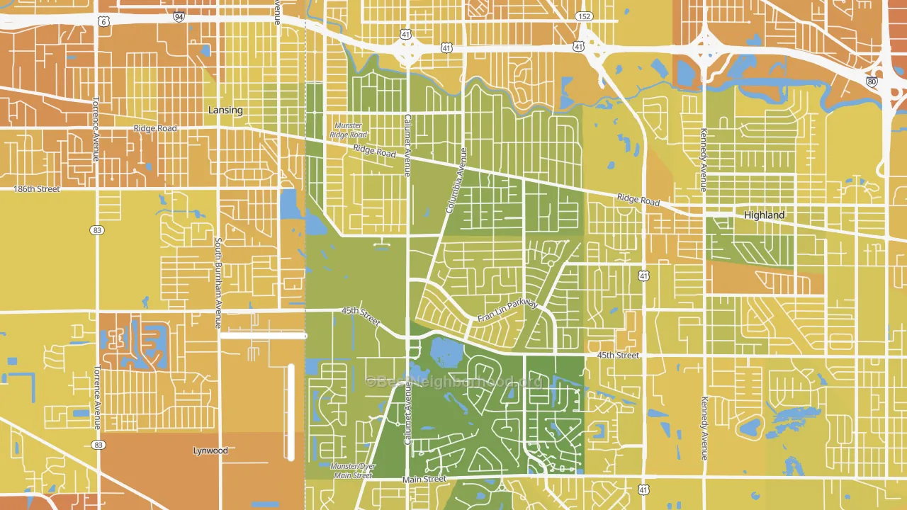 Map of the best neighborhoods in the 46321 area, with better matches in green and worse matches in red
