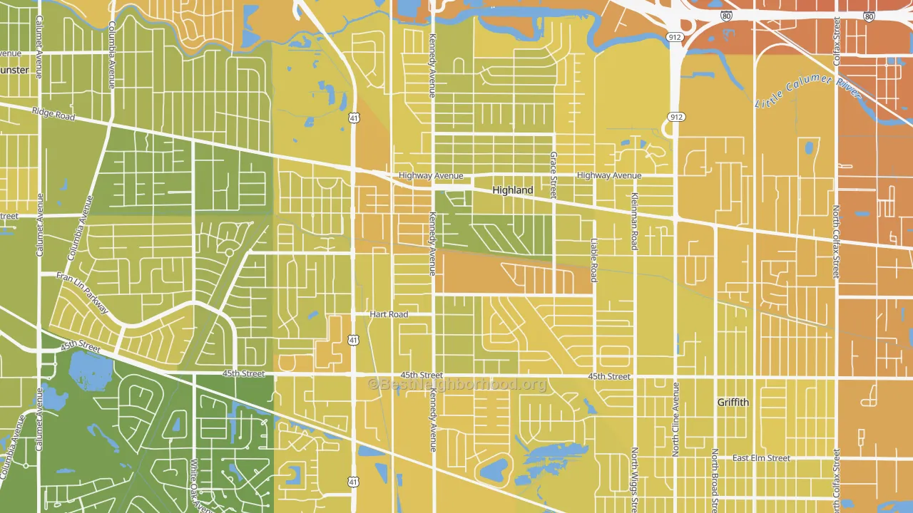 Map of the best neighborhoods in the 46322 area, with better matches in green and worse matches in red