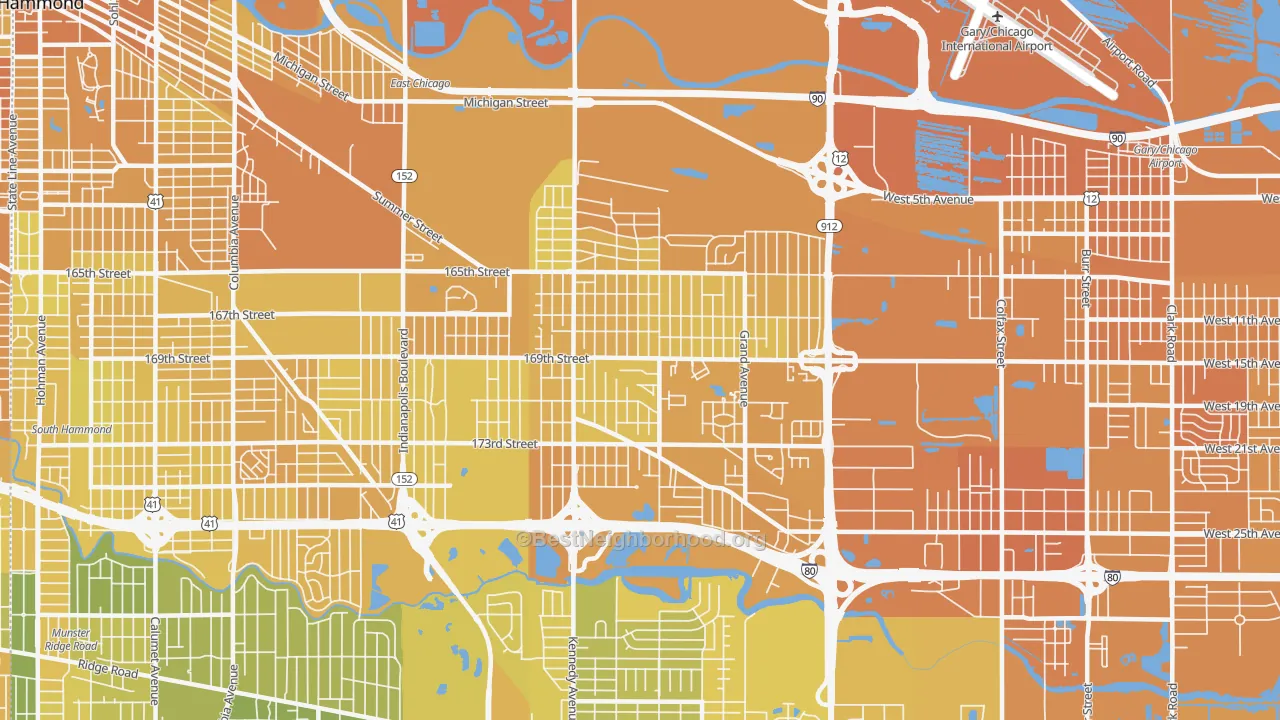 Map of the best neighborhoods in the 46323 area, with better matches in green and worse matches in red