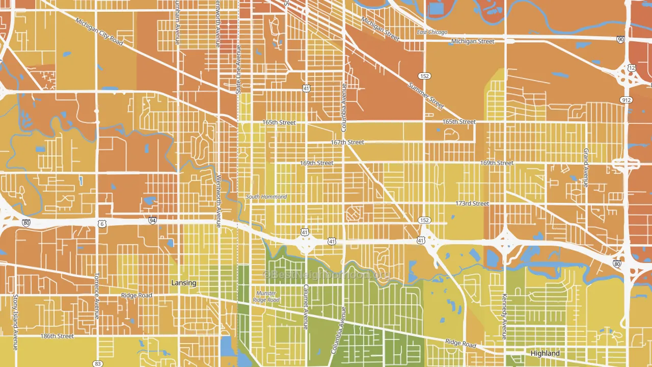 Map of the best neighborhoods in the 46324 area, with better matches in green and worse matches in red