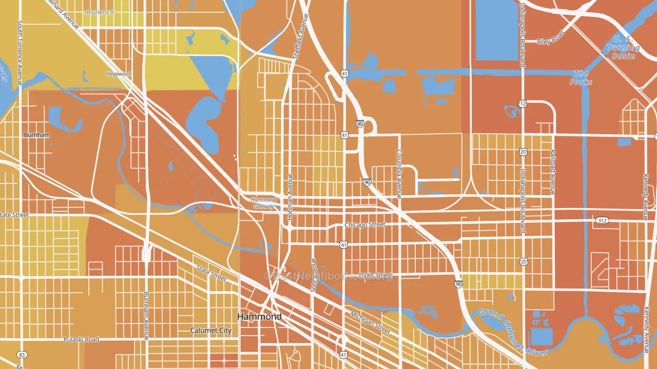 Map of the best neighborhoods in the 46327 area, with better matches in green and worse matches in red