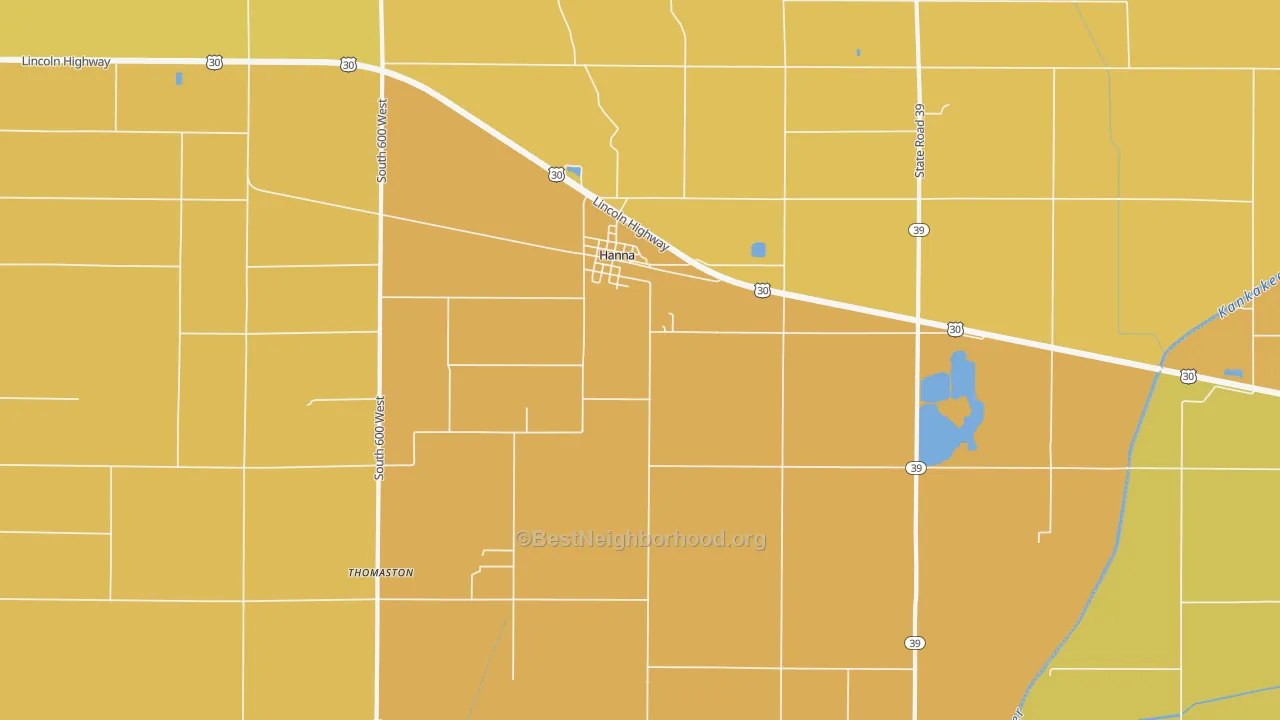 Map of the best neighborhoods in the 46340 area, with better matches in green and worse matches in red