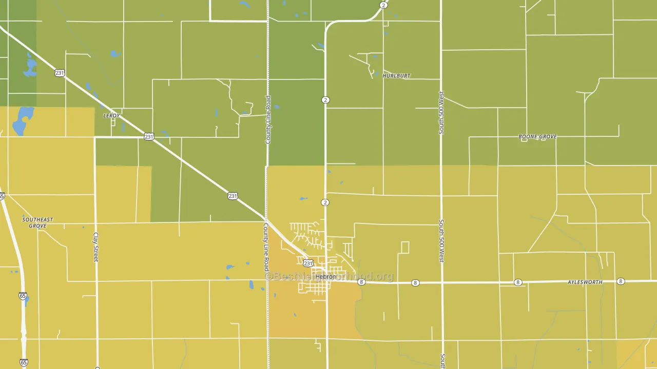 Map of the best neighborhoods in the 46341 area, with better matches in green and worse matches in red