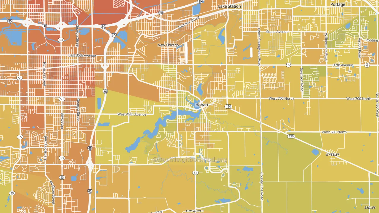 Map of the best neighborhoods in the 46342 area, with better matches in green and worse matches in red