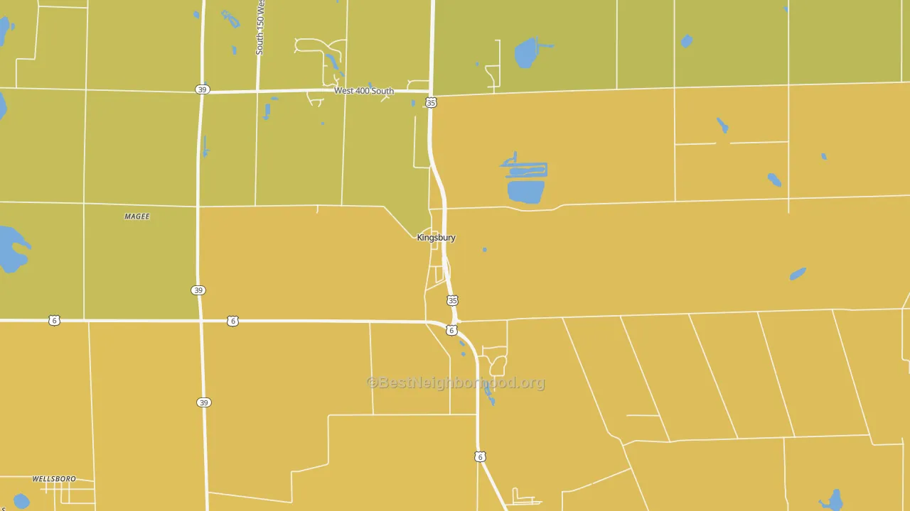 Map of the best neighborhoods in the 46345 area, with better matches in green and worse matches in red