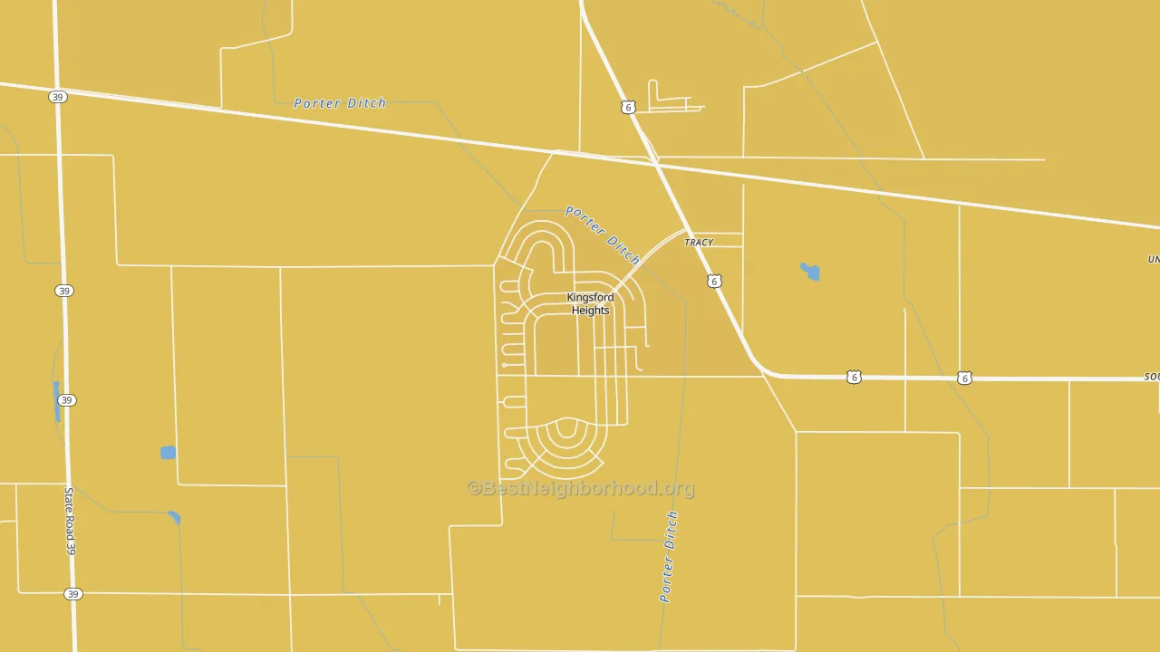 Map of the best neighborhoods in the 46346 area, with better matches in green and worse matches in red