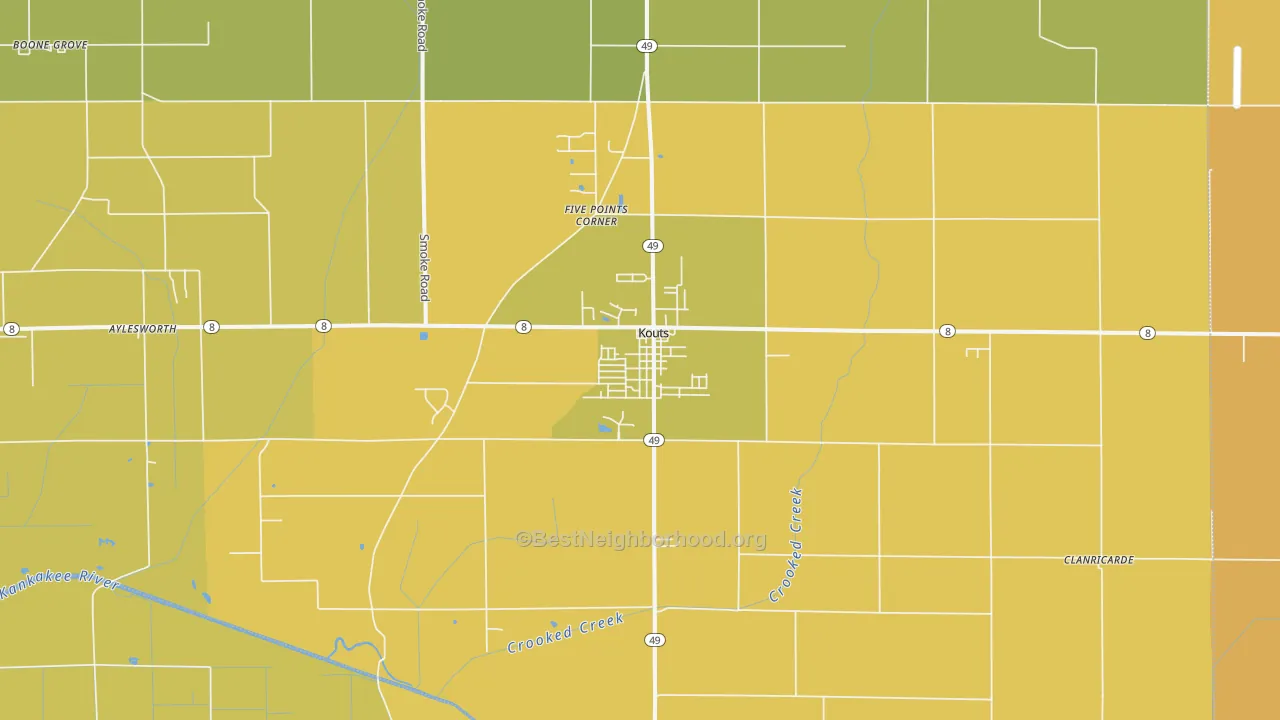 Map of the best neighborhoods in the 46347 area, with better matches in green and worse matches in red