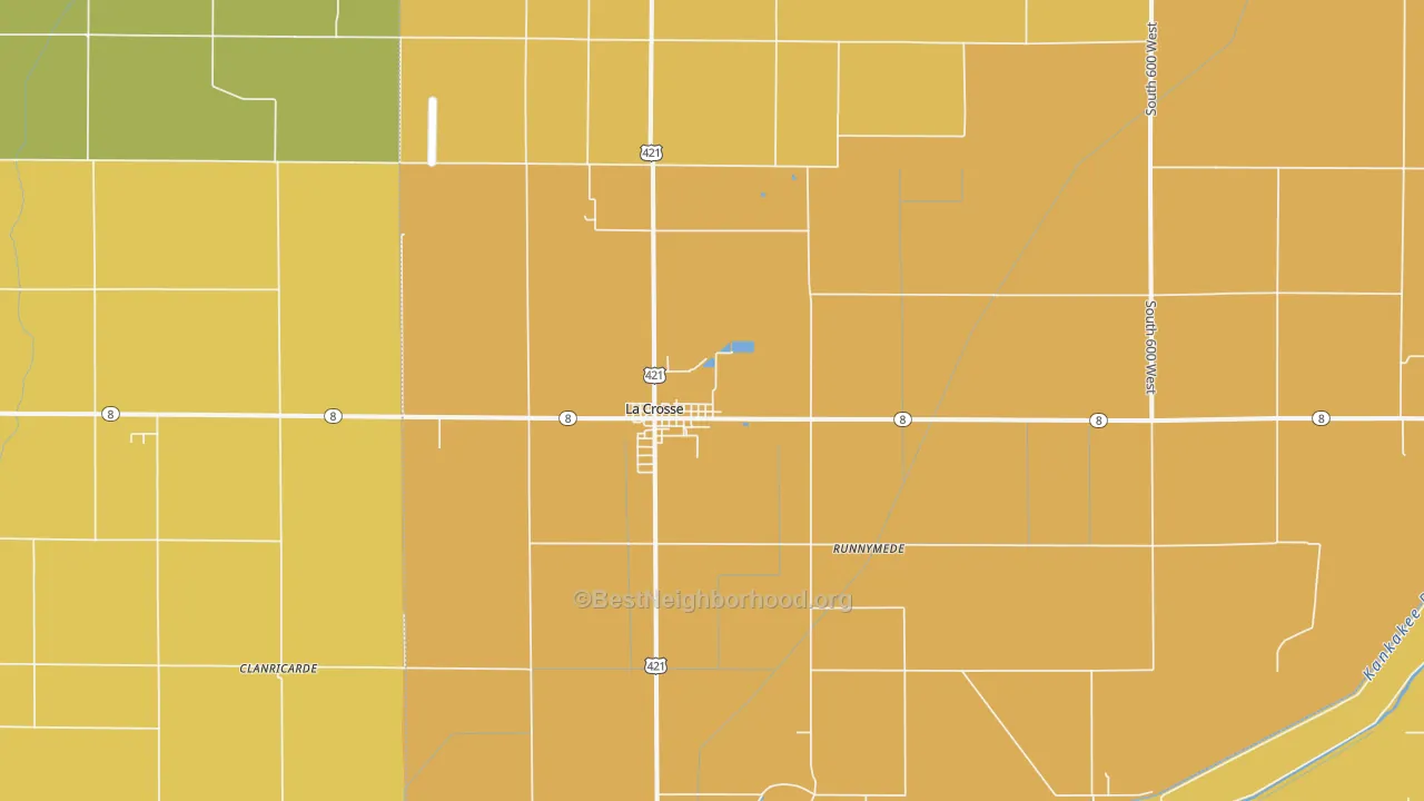 Map of the best neighborhoods in the 46348 area, with better matches in green and worse matches in red
