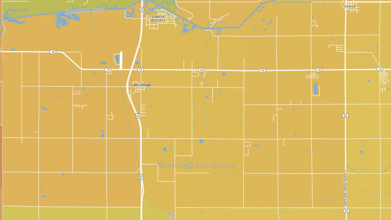 Map of the best neighborhoods in the 46349 area, with better matches in green and worse matches in red