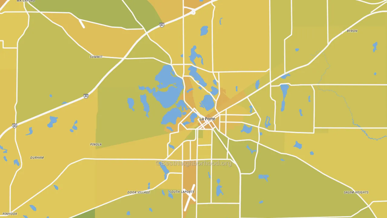 Map of the best neighborhoods in the 46350 area, with better matches in green and worse matches in red