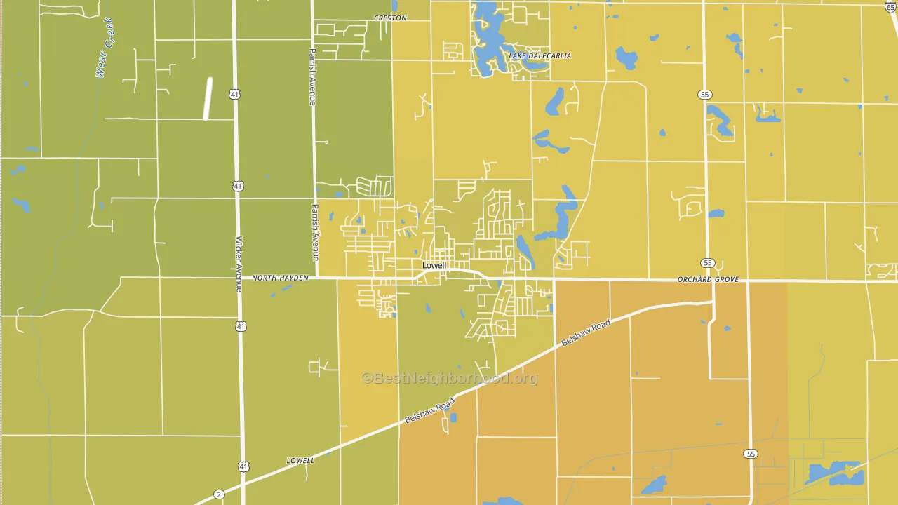 Map of the best neighborhoods in the 46356 area, with better matches in green and worse matches in red