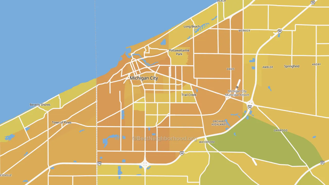 Map of the best neighborhoods in the 46360 area, with better matches in green and worse matches in red