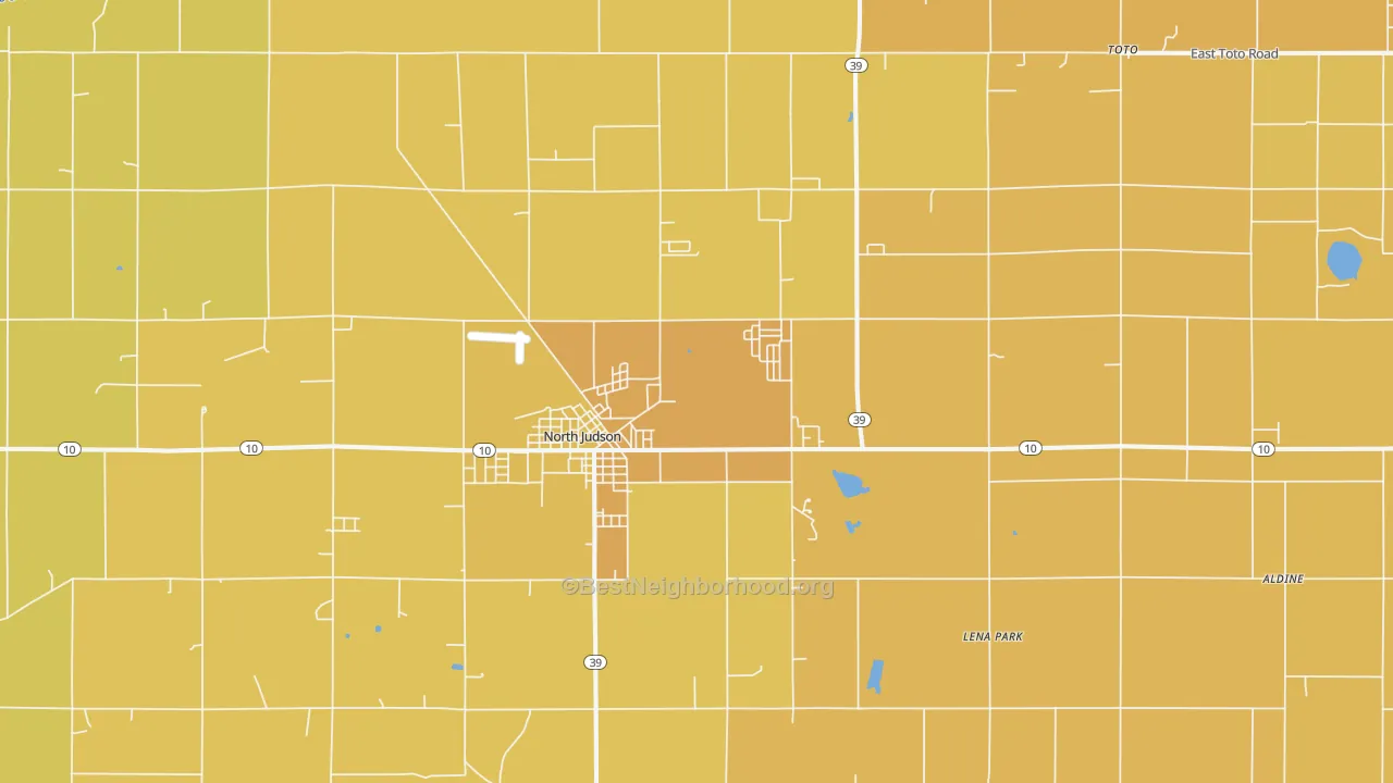 Map of the best neighborhoods in the 46366 area, with better matches in green and worse matches in red