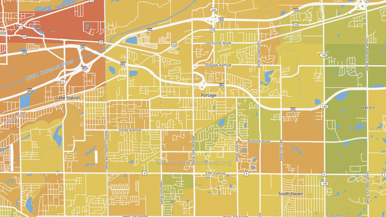 Map of the best neighborhoods in the 46368 area, with better matches in green and worse matches in red
