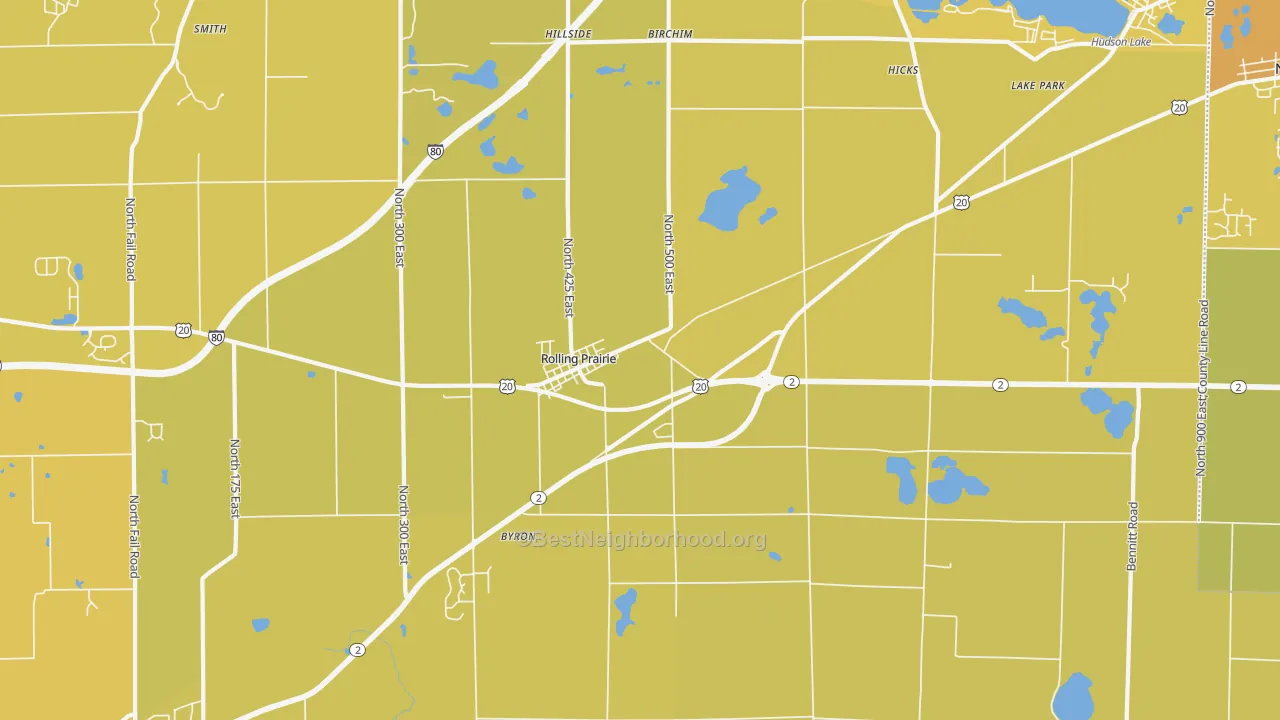 Map of the best neighborhoods in the 46371 area, with better matches in green and worse matches in red